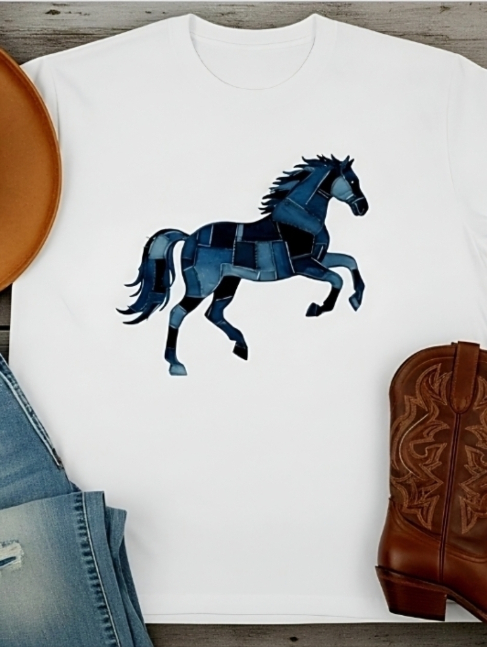 Faux Denim Patchwork Horse Tee | Western Cowgirl Graphic T‑Shirt